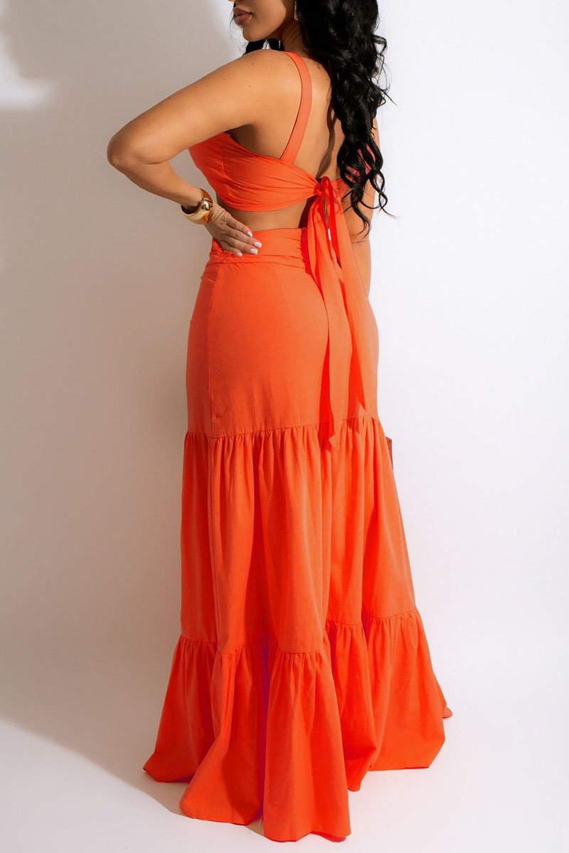 

Tangerine Red Sexy Solid Split Joint Spaghetti Strap Sleeveless Two Pieces
