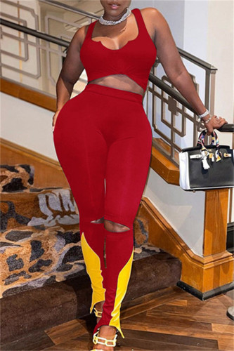 Red Sexy Casual Sportswear Patchwork Hollowed Out Pants V Neck Sleeveless Two Pieces