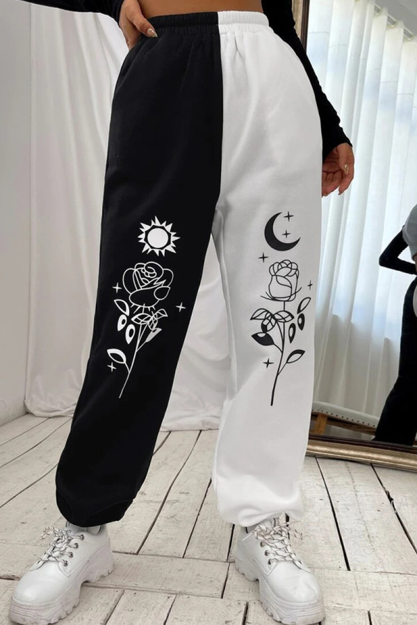 Schwarz-weiße, modische, lässige Patchwork-Hose mit normaler hoher Taille