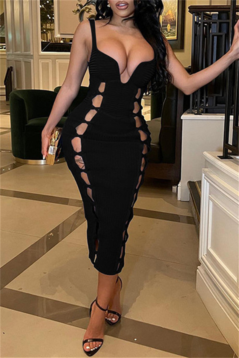 

Black Fashion Sexy Solid Hollowed Out Backless V Neck Sling Dress