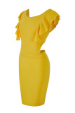 Geel sexy casual effen patchwork rugloze o-hals mouwloze jurkjurken
