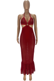 赤のセクシーな固体パッチワーク ホルター トランペット マーメイド ドレス