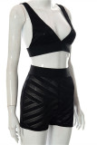 Черная мода Сексуальная однотонная лоскутная одежда с открытой спиной и V-образным вырезом без рукавов из двух частей