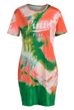 Gult mode Casual Letter Print Tie-dye O-hals kortärmad klänning klänningar