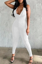 White Fashion Sexy Solid Backless Halter Skinny Jumpsuits