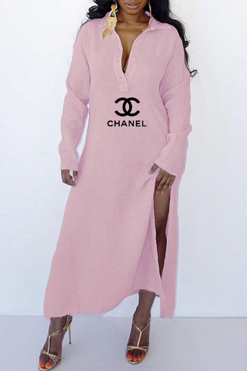 

Pink Fashion Casual Print Letter Turndown Collar Straight Dresses