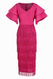 Rose Red Elegant Solid Tassel Patchwork Flounce V Neck One Step Skirt Dresses