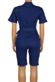 Colorful Blue Sexy Solid Hot Drill Turndown Collar Plus Size Jumpsuits