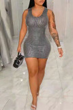 Grey Fashion Sexy Solid Sequins Patchwork O Neck Vest Dress