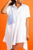 ホワイト カジュアル ソリッド パッチワーク バックル 非対称 ターンダウン カラー シャツドレス ドレス