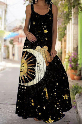 Zwarte casual zoete print patchwork rechte jurken met U-hals
