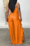Tangerine Red Sexy Print Flounce Strapless Boot Cut Jumpsuits