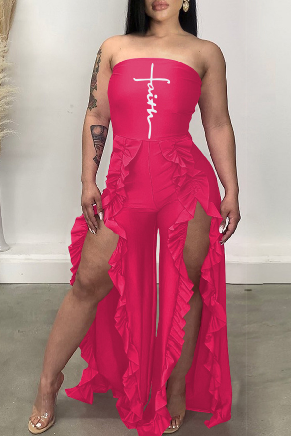 Rose Red Sexigt tryck Volang Strapless Boot Cut Jumpsuits
