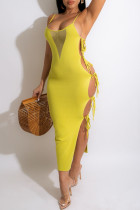 黄色のセクシーなプリント包帯くり抜かれたメッシュワンステップスカートドレス