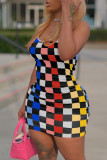 Couleur Sexy Plaid Print Patchwork Spaghetti Strap Sling Dress Robes