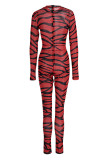 Red Fashion Sexy Print See-through O Neck Skinny Jumpsuits