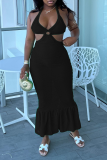 Черные сексуальные однотонные лоскутные платья-русалка с лямкой на шее и трубой