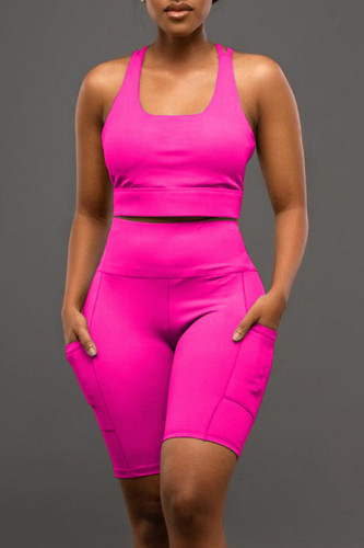 Rose Red Sexy Casual Sportswear Solid Backless U Neck Sleeveless Two Pieces