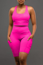 Розово-красная сексуальная повседневная спортивная одежда, сплошная спинка, U-образный вырез, без рукавов, две части