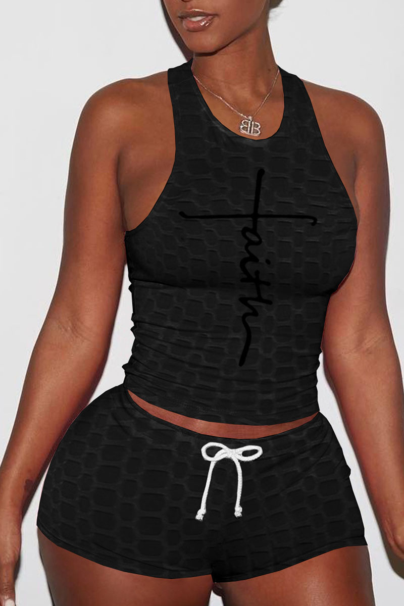 

Black Sexy Sportswear Print Split Joint O Neck Sleeveless Two Pieces