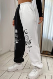 Calças pretas brancas moda casual estampa patchwork regular cintura alta