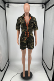 Camouflage Casual Camouflage Print Draw String Zipper Collar Straight Rompers