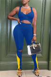 Blå Sexig Casual Sportswear Patchwork urholkade byxor V-ringad ärmlös två delar