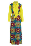 Желтые модные повседневные платья в стиле пэчворк с отложным воротником и длинными рукавами