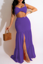 Purple Sexy Solid Patchwork Spaghetti Strap Sleeveless Two Pieces
