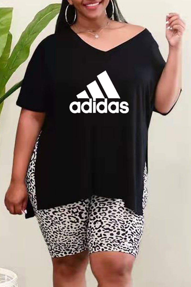 

Black Fashion Casual Print Letter V Neck Plus Size Two Pieces