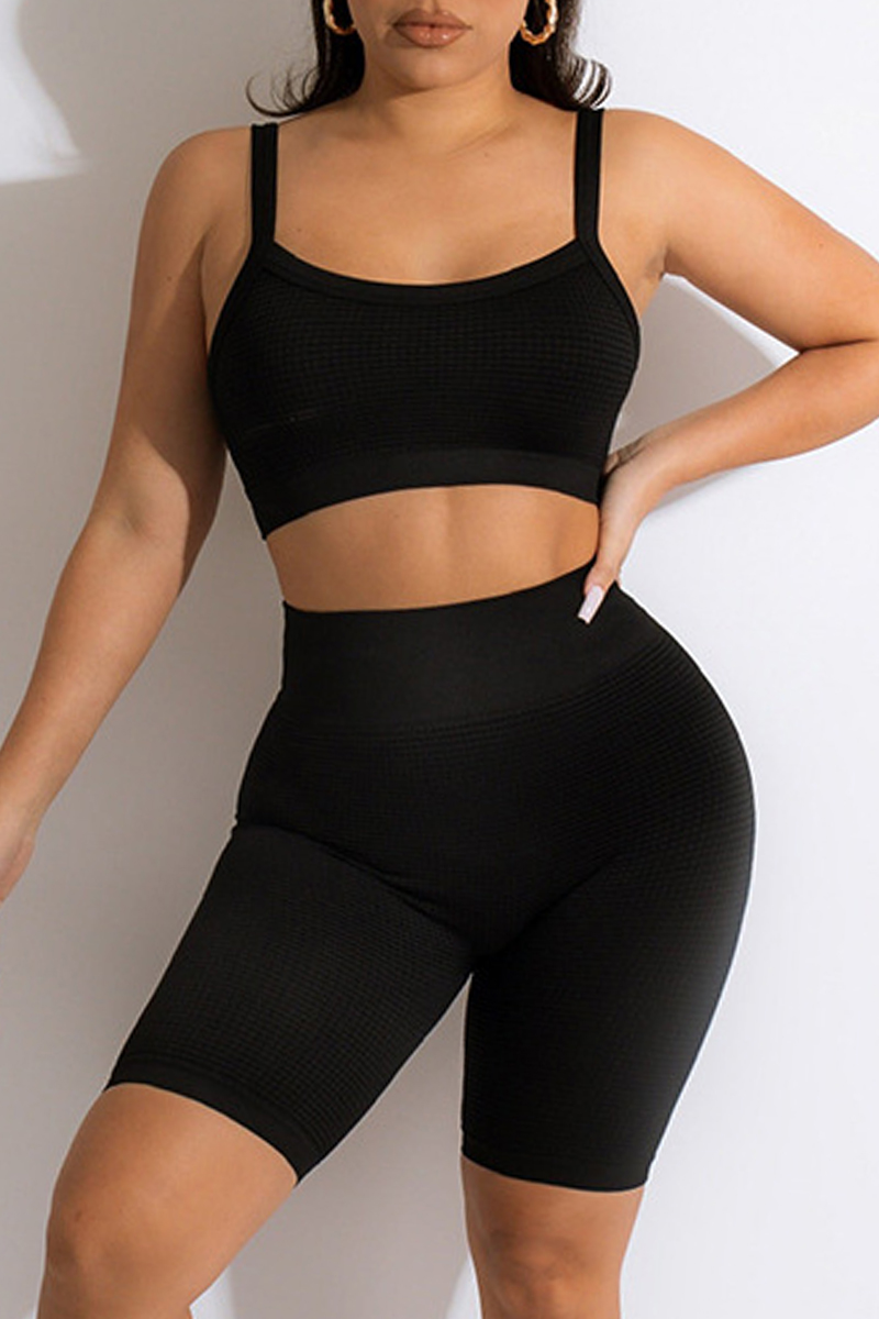 

Black Casual Sportswear Solid Backless Spaghetti Strap Sleeveless Two Pieces