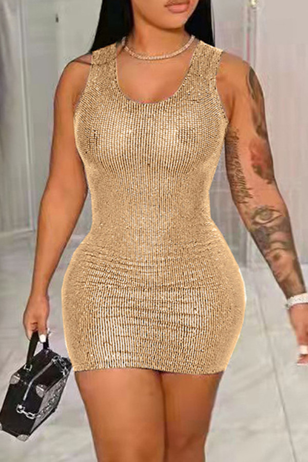 Vestito sexy dalla maglia del collo della rappezzatura di paillettes solide di modo dell'oro