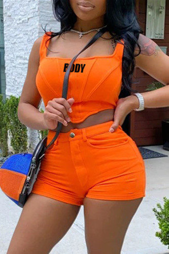 Orange Fashion Casual Solid Letter Square Collar Sleeveless Two Pieces