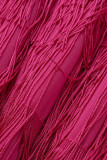 Rose Red Elegant Solid Tassel Patchwork Flounce V Neck One Step Skirt Dresses