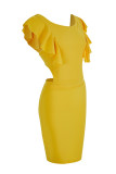 Geel sexy casual effen patchwork rugloze o-hals mouwloze jurkjurken