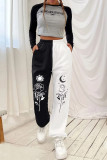 ブラック ホワイト ファッション カジュアル プリント パッチワーク レギュラー ハイウエスト パンツ