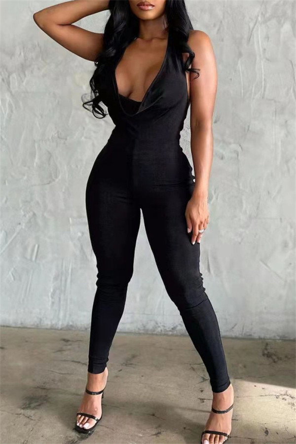 Zwarte mode sexy effen rugloze skinny skinny jumpsuits