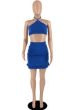 Peacock Blue Fashion Sexy Solid Bandage Backless Strapless Mouwloos Two Pieces