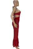 赤のセクシーな固体パッチワーク ホルター トランペット マーメイド ドレス