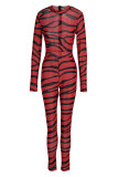 Red Fashion Sexy Print See-through O Neck Skinny Jumpsuits