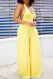 Yellow Sexy Casual Solid Bandage Backless Halter Regular Jumpsuits
