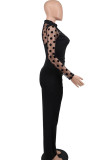 Black Elegant Solid Patchwork O Neck Straight Jumpsuits