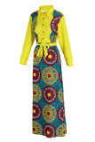 Robes à manches longues et col rabattu en patchwork imprimé décontracté à la mode jaune
