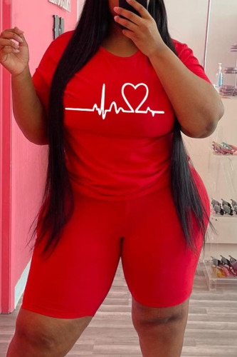 Red Fashion Casual Print Basic O Neck Plus Size Two Pieces