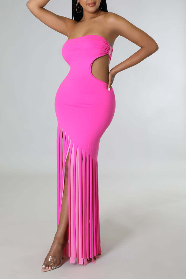 ピンクのセクシーなソリッドパッチワークストラップレス不規則なドレスドレス