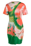 オレンジグリーンファッションカジュアルレタープリント絞り染めOネック半袖ドレスドレス