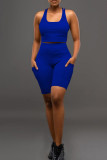 Azul Sexy Casual Sportswear Sólido sem costas decote em U sem mangas duas peças