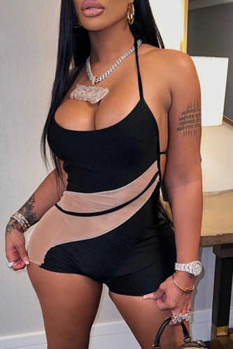Black Fashion Sexy Patchwork Bandage Backless Halter Skinny Romper