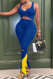Синие сексуальные повседневные спортивные штаны в стиле пэчворк с V-образным вырезом без рукавов из двух частей