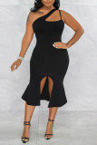 Black Sexy Solid Patchwork Flounce Asymmetrical Collar Dresses